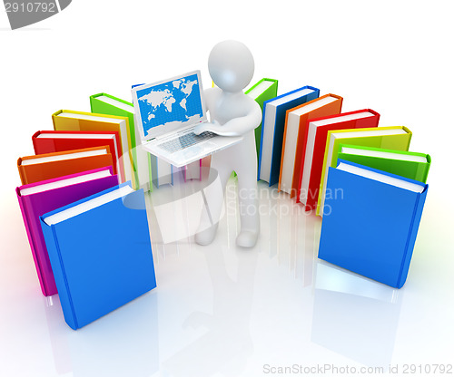 Image of 3d man sitting on books and working at his laptop 