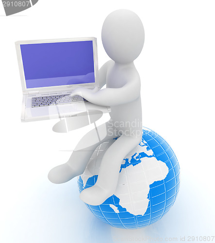 Image of 3d man sitting on earth and working at his laptop 