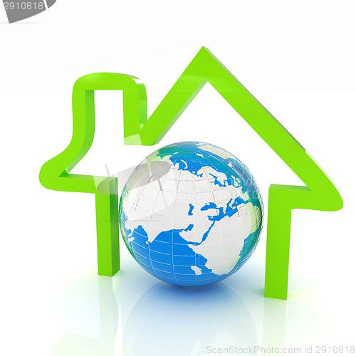 Image of 3d green icon house, earth on white background 