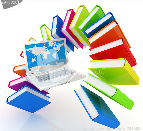 Image of Laptop and books flying 