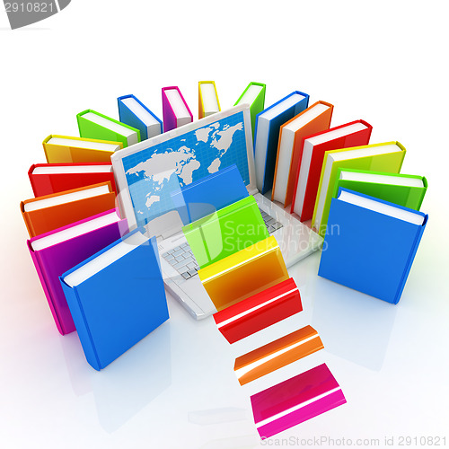 Image of Colorful books flying and laptop 