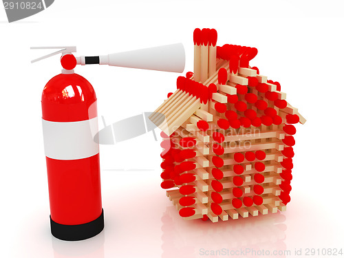 Image of Red fire extinguisher and log house from matches pattern