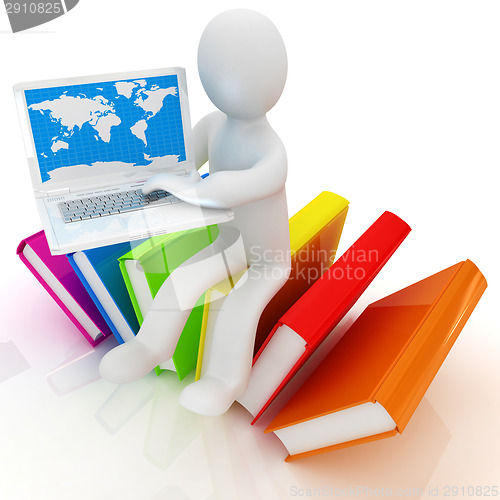 Image of 3d man in hard hat sitting on books and working at his laptop 
