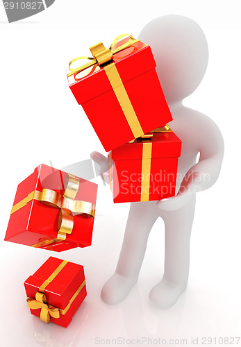 Image of 3d man strawed red gifts with gold ribbon