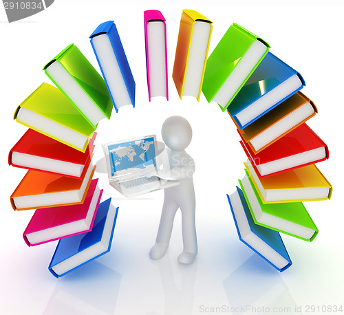 Image of Colorful books like the rainbow and 3d man with laptop 
