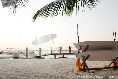 Image of surfboards on tropical beach