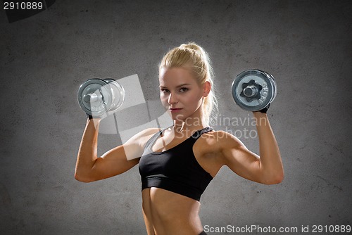 Image of sporty woman with heavy steel dumbbells