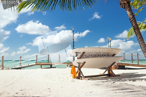 Image of surfboards on tropical beach