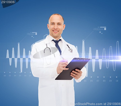 Image of smiling male doctor with clipboard and stethoscope