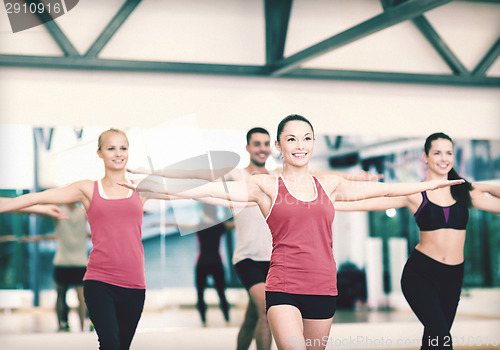 Image of group of smiling people exercising in the gym