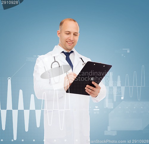 Image of smiling male doctor with clipboard and stethoscope