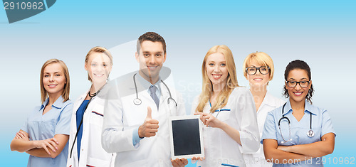 Image of team or group of doctors with tablet pc computer