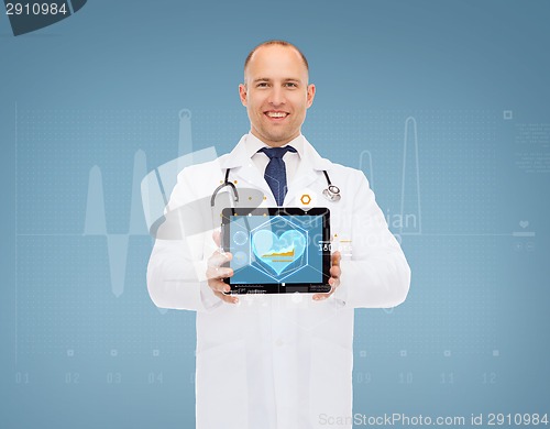 Image of smiling male doctor with stethoscope and tablet pc