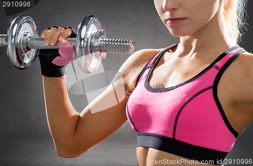 Image of close up of sporty woman with steel dumbbells