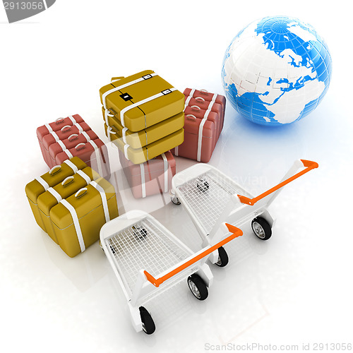 Image of Trolley for luggage at the airport and earth. International tour