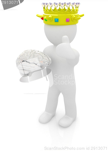 Image of 3d people - man, person with a golden crown. King with brain