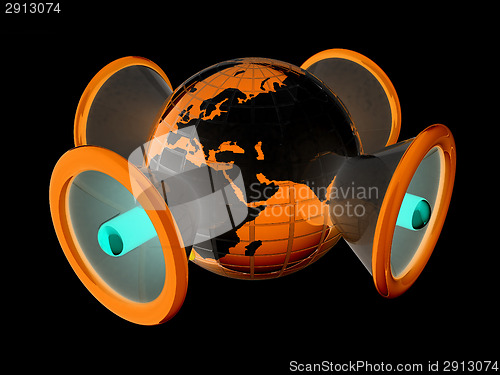 Image of Megaphone and earth.Isolated on black background.3d rendered