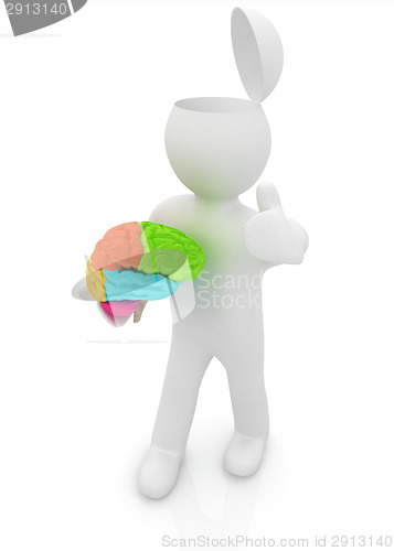 Image of 3d people - man with half head, brain and trumb up. 