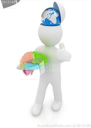 Image of 3d people - man with half head, brain and trumb up. Traveling co