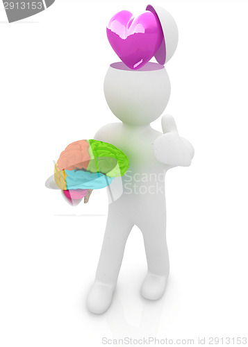 Image of 3d people - man with half head, brain and trumb up. Love concept