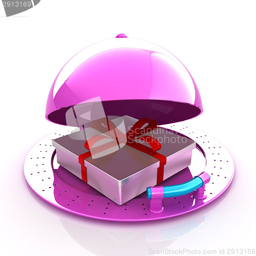 Image of Illustration of a luxury gift on restaurant cloche on a white ba