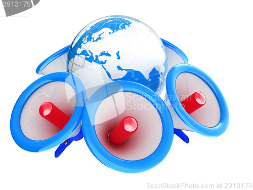 Image of Megaphone and earth.Isolated on white background.3d rendered
