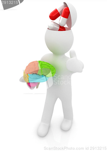 Image of 3d people - man with half head, brain and trumb up. Medical conc