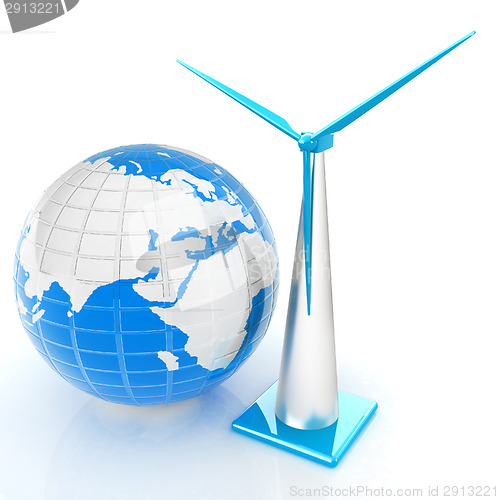 Image of Wind turbine isolated on white. Global concept with eart