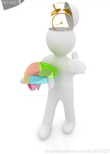 Image of 3d people - man with half head, brain and trumb up. Time concept