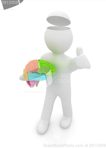 Image of 3d people - man with half head, brain and trumb up. 