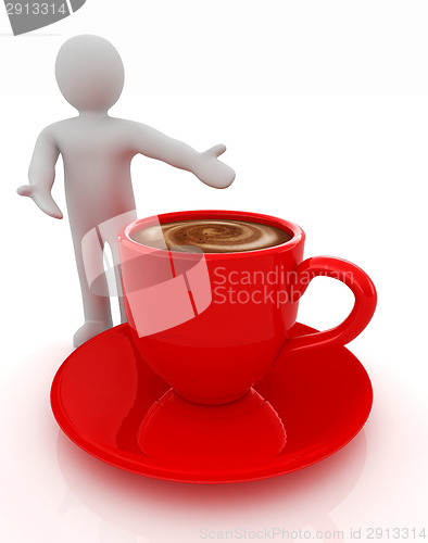 Image of 3d people - man, person presenting - Mug of coffee with milk