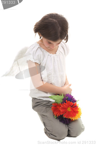 Image of angel girl with flowers mourning