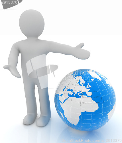 Image of 3d people - man, person presenting - pointing. Global concept wi