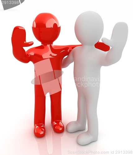 Image of Friends standing next to an embrace and raised one's hand for gr
