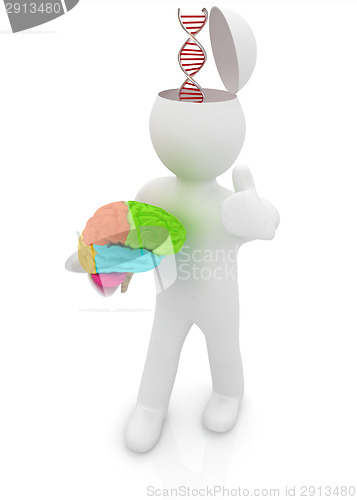 Image of 3d people - man with half head, brain and trumb up. Medical conc