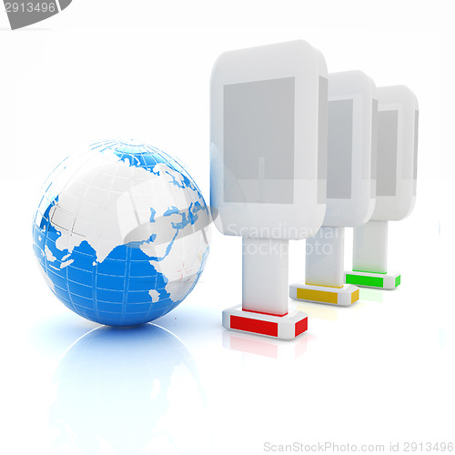 Image of Vertical glossy billboards and earth. 3d illustration on white b