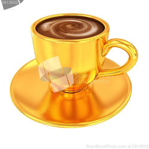 Image of Gold coffee cup on saucer on a white background 