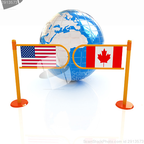 Image of Three-dimensional image of the turnstile and flags of USA and Ca