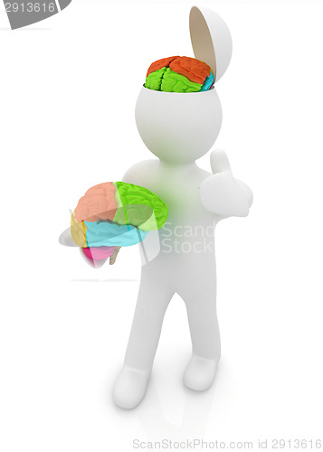 Image of 3d people - man with half head, brain and trumb up. 