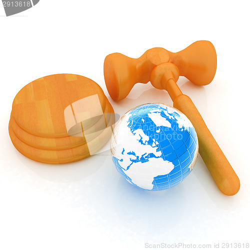 Image of Wooden gavel and earth isolated on white background. Global auct