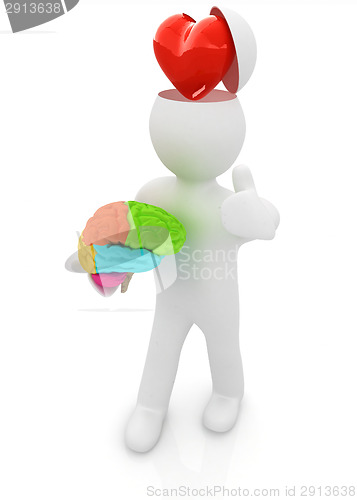 Image of 3d people - man with half head, brain and trumb up. Love concept