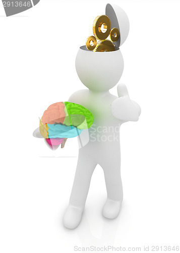 Image of 3d people - man with half head, brain and trumb up. Concept of t