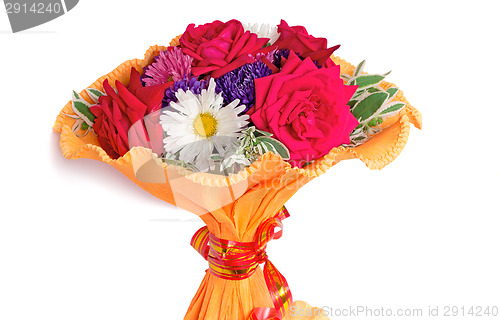 Image of Bunch of flowers: roses, asters, camomiles on a white background