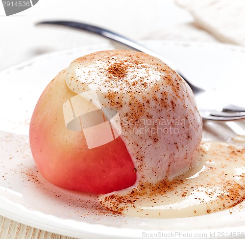 Image of baked apple dessert with vanilla sauce