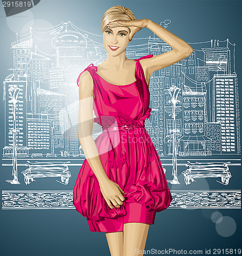 Image of Vector Surprised Blonde in Pink Dress