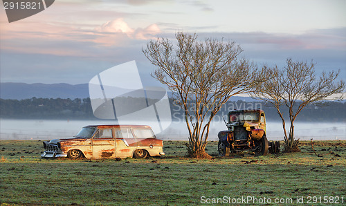 Image of Vintage automobiles on a misty morning outback Australia