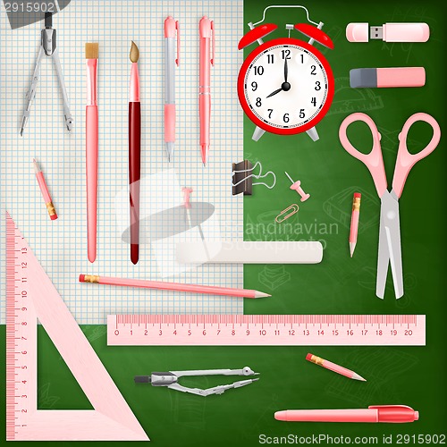 Image of Set of Colored school supplies background. EPS 10