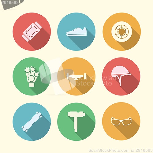 Image of Vector flat colored icons for accessories for longboarders