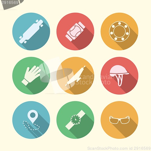 Image of Flat vector colored icons for accessories for longboarders