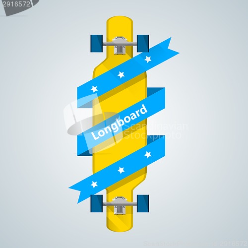 Image of Ad layout for longboard with blue ribbon.